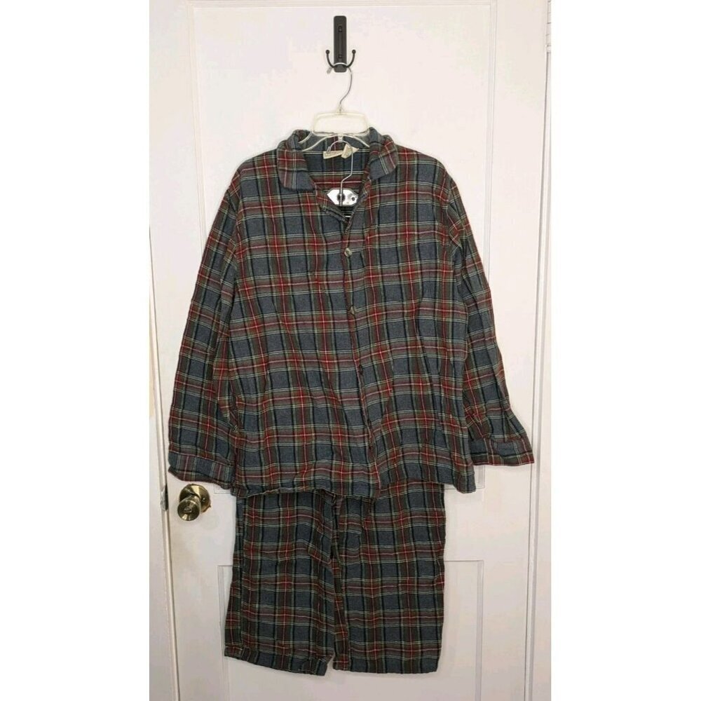 L.L. Bean Men's Large Scotch Plaid Flannel Pajama Set Gray Red Preppy Classic